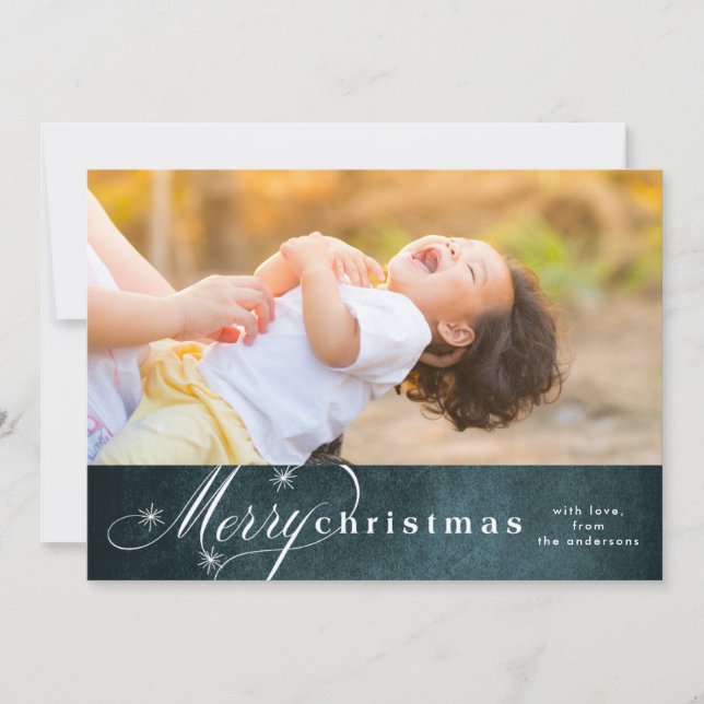 Green Star Snow Overlay Merry Christmas Photo Card (Front)
