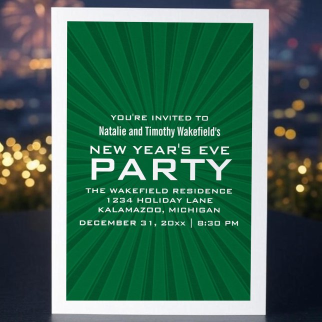 Green Starburst Stripes New Year's Party Invite (Green Starburst Stripes New Years Party Invite)