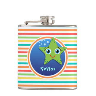 Green Starfish; Bright Rainbow Stripes Hip Flask