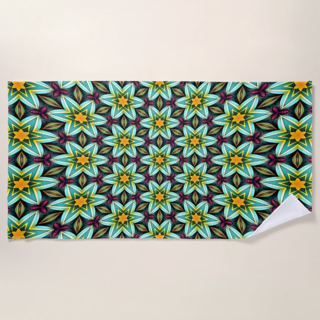 Green Stars Floral Pattern Beach Towel (Front)