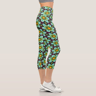 Green Stars Floral Pattern Capri Leggings