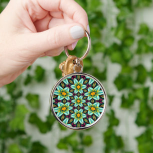 Green Stars Floral Pattern Key Ring