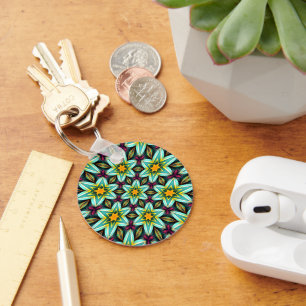 Green Stars Floral Pattern Key Ring