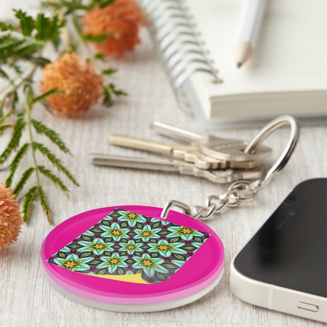 Green Stars Floral Pattern Key Ring (Front Right)