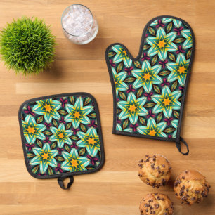 Green Stars Floral Pattern Oven Mitt & Pot Holder Set