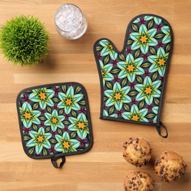 Green Stars Floral Pattern Oven Mitt & Pot Holder Set (Top Down)