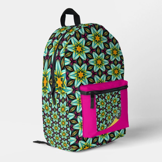 Green Stars Floral Pattern Printed Backpack (Back Corner Left)