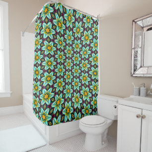 Green Stars Floral Pattern Shower Curtain