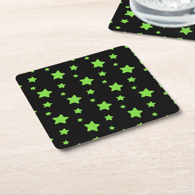 Green stars on black pattern square paper coaster (Angled)