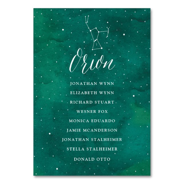 Green Stars Wedding Seating Chart Card Orion (Front)