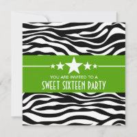 Green Stars Zebra Print Sweet 16 Invite