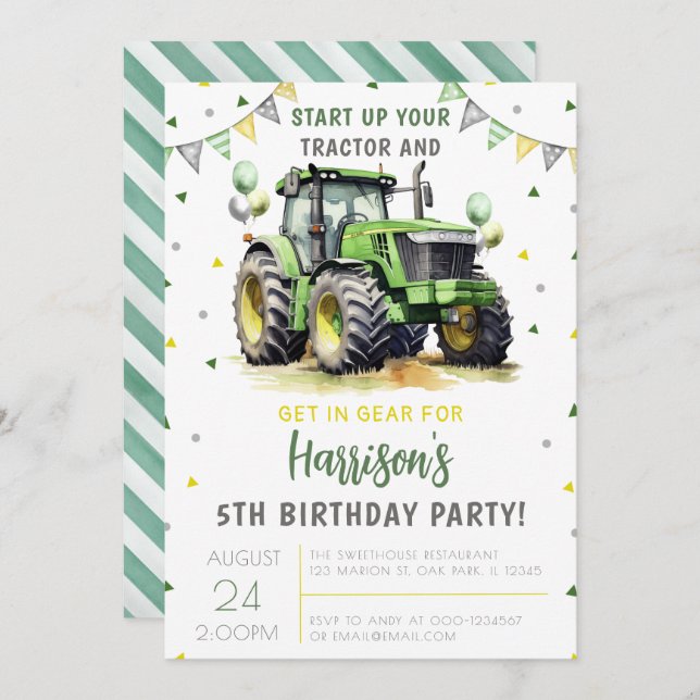 Green Start Up Your Tractor Birthday Invitation (Front/Back)