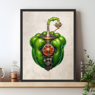Green Steampunk Bell pepper wall art, kitchen Poster