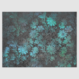 Green Stencil Flowers on Charcoal Decoupage Tissue Paper