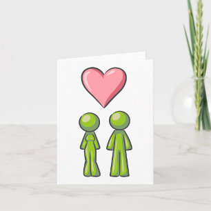 Green Stick Figure Couple Pink Heart Love Card