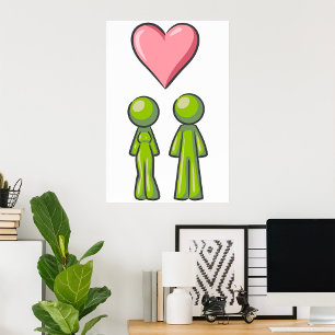 Green Stick Figure Couple Pink Heart Love Poster