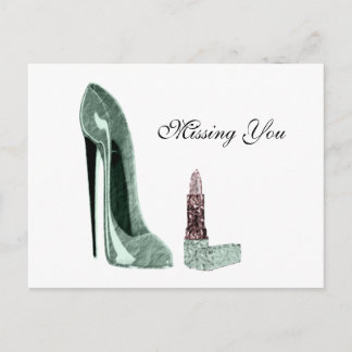 Green Stiletto Shoe and Lipstick Art Postcard