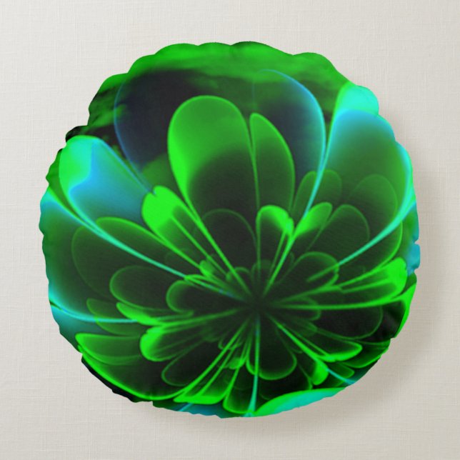 Green Stilized Corolla Bent Up Petals Round Cushion (Front)