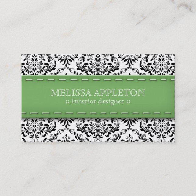 Green Stitched Damask Interior Designer Business Card (Front)