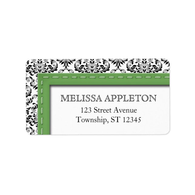 Green Stitched Damask Personalised Address Labels (Front)