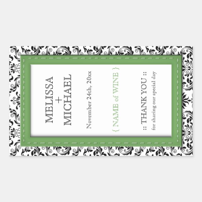 Green Stitched Damask vertical Wedding Wine Labels (Front)