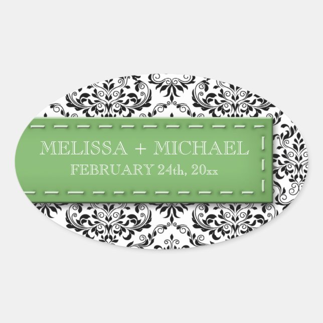 Green Stitched Damask Wedding Large Favour Sticker (Front)