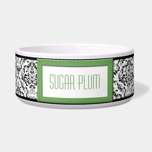 Green Stitched Label Design Damask Dog Bowl (Front)