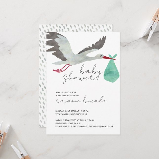 Green Stork Baby Shower Invitation (Front/Back In Situ)