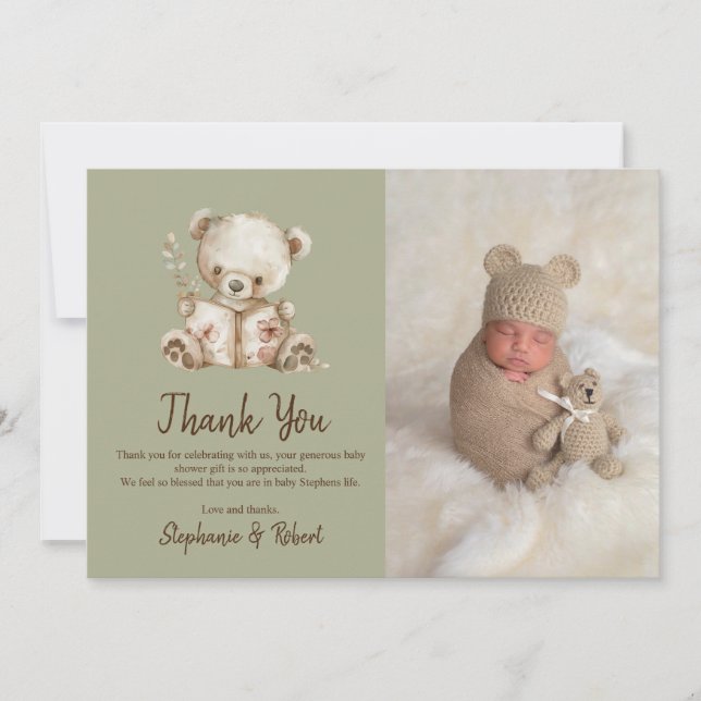 Green Storybook Bear Photo Baby Shower Thank You Card (Front)