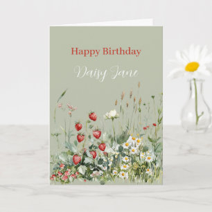 Green Strawberries Daisy Flowers Birthday Card