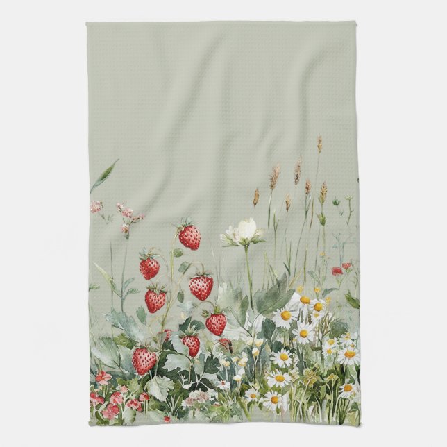 Green Strawberries Daisy Flowers Tea Towel (Vertical)