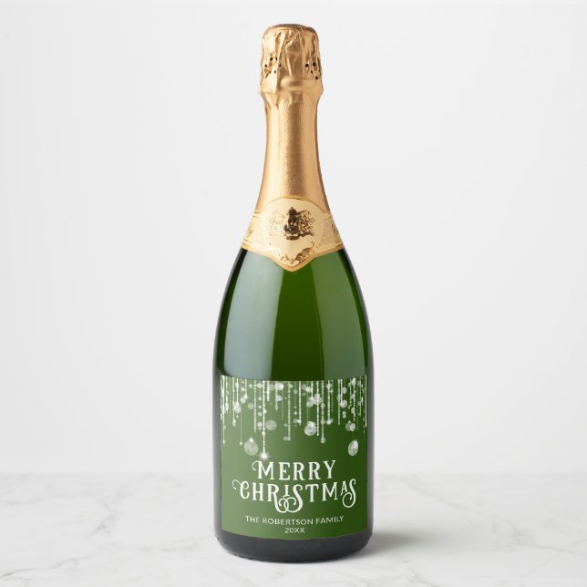Green String Lights Christmas Party Sparkling Wine Label (Front)