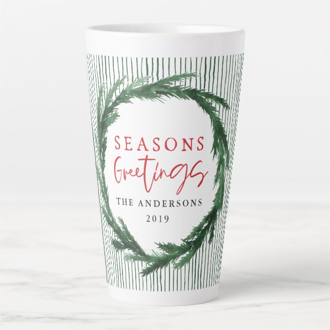 Green stripe and watercolour wreath Christmas Latte Mug (Front)