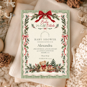 Green Stripe Bear Baby It's Cold Outside Invitation