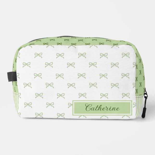 Green Stripe Bow Pattern Coquette Cosmetic Dopp Kit (Front)