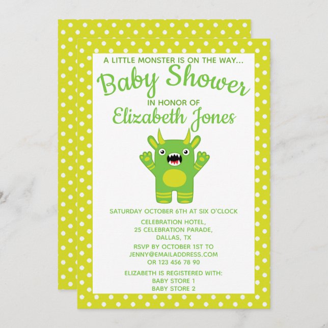 Green Stripe Little Monster Baby Shower Invitation (Front/Back)