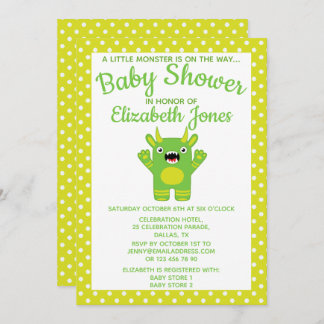 Green Stripe Little Monster Baby Shower Invitation