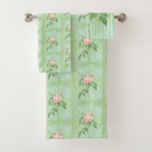 Green Stripe Pink Rose Floral  Bathroom Towel Sets