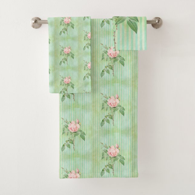 Green Stripe Pink Rose Floral  Bathroom Towel Sets (Insitu)