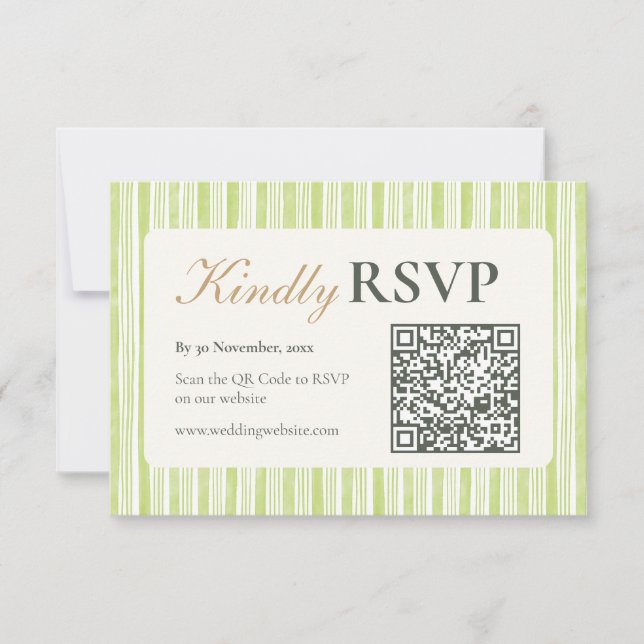 Green Stripe Wedding RSVP Postcards with QR Code (Front)