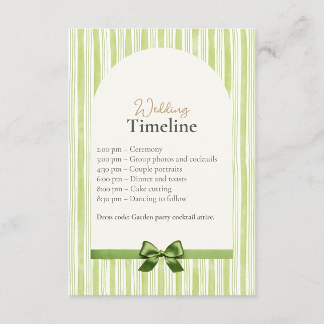 Green Stripe Wedding Timeline Cards with QR Code (Front)