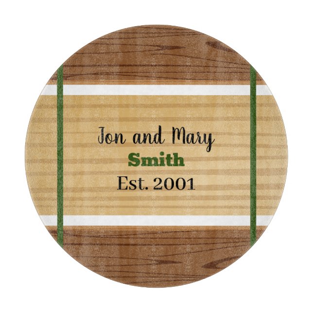 Green striped and wood-look cutting board . (Front)