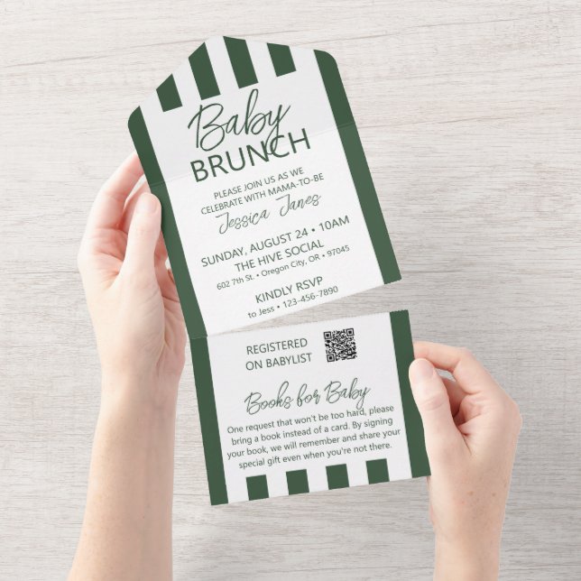 Green Striped Baby Brunch Invite with Book Card (Tearaway)