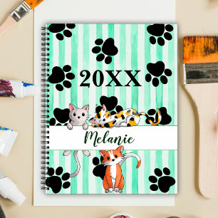 Green striped background kittens & paws customised planner