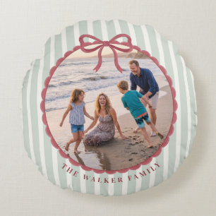 Green Striped Bow Family Photo Round Cushion