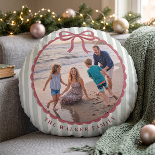 Green Striped Bow Family Photo Round Cushion
