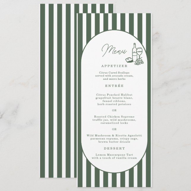 Green Striped Cabana Long Wedding Menu Card (Front/Back)