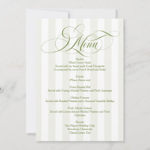 Green Striped Elegant Script Wedding Menu Invitation