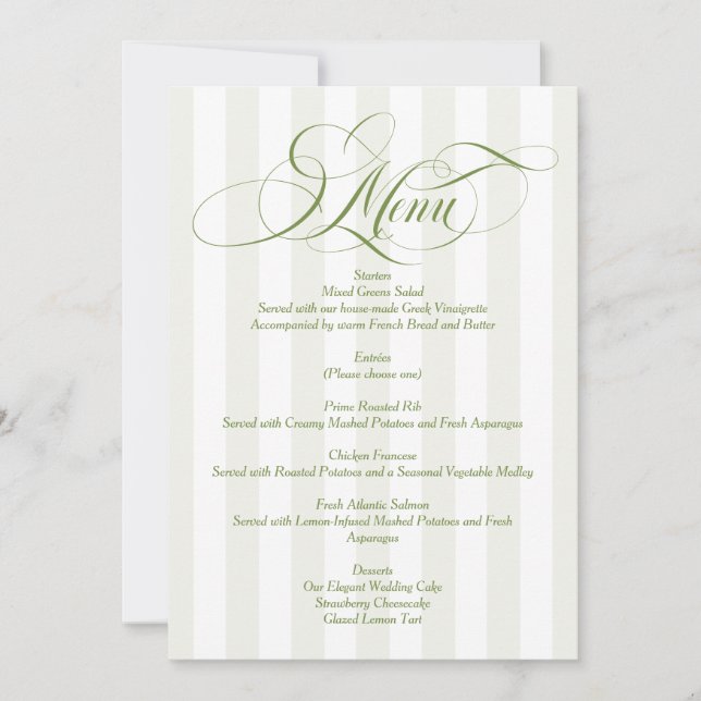 Green Striped Elegant Script Wedding Menu Invitation (Front)