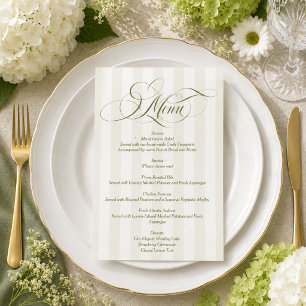 Green Striped Elegant Script Wedding Menu Invitation